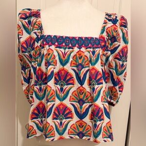 Printfresh Multicolor Floral Boho Blouse Puff Sleeves 100% Organic Cotton Sz L